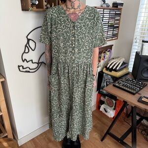 Vintage 90s Eddie Bauer Linen Earthy Green Abstract Floral Maxi Dress ~ Size L